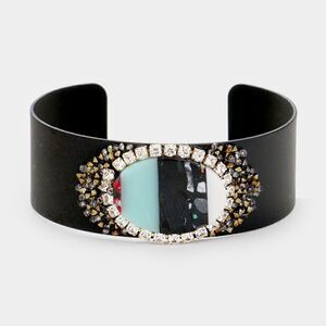 Oval Bead Rhinestone Cluster Metal Cuff Bracelet